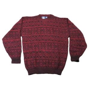 Atlantic Traders Sweater Mens L Red Black Geometric Knit Crewneck Vintage Cabin